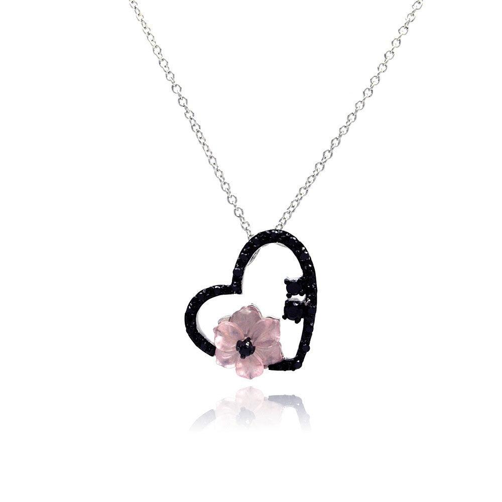 Silver 925 Black CZ Rhodium Plated Flower Heart Pendant Necklace - BGP00139 | Silver Palace Inc.