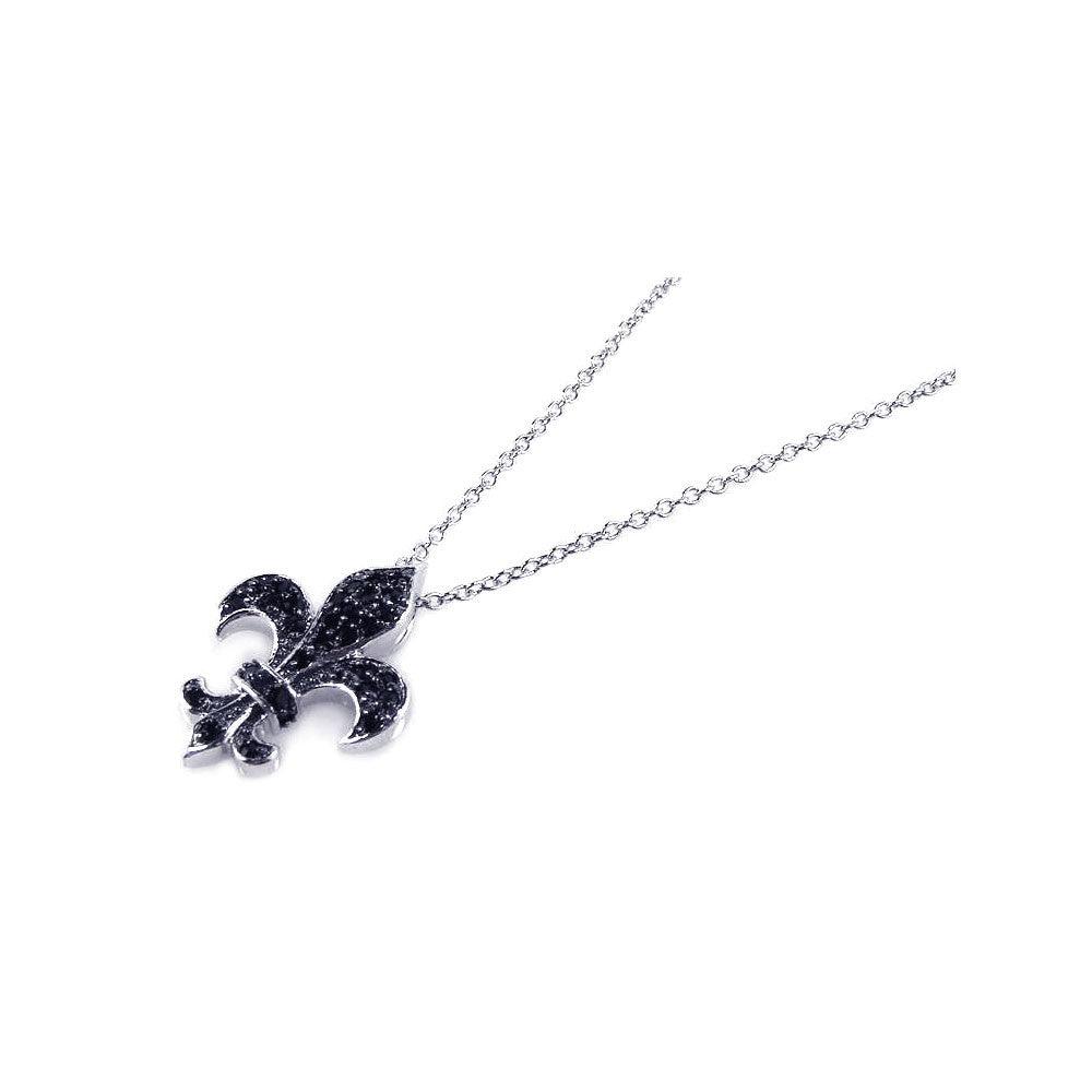 Silver 925 Black and Rhodium Plated Fleur De Lis CZ Necklace - BGP00174 | Silver Palace Inc.