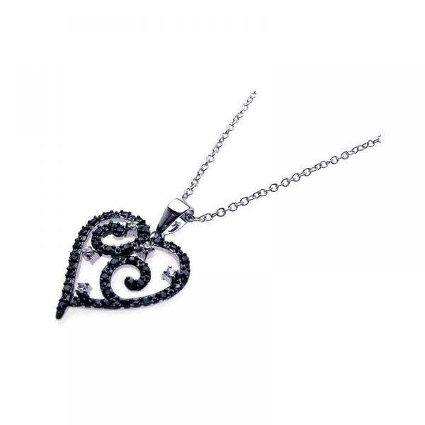 Closeout-Silver 925 Rhodium Open Heart Filigree CZ Necklace - BGP00213 | Silver Palace Inc.