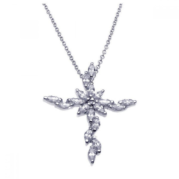 Closeout-Silver 925 Rhodium Marquis Cross CZ Necklace - BGP00235 | Silver Palace Inc.
