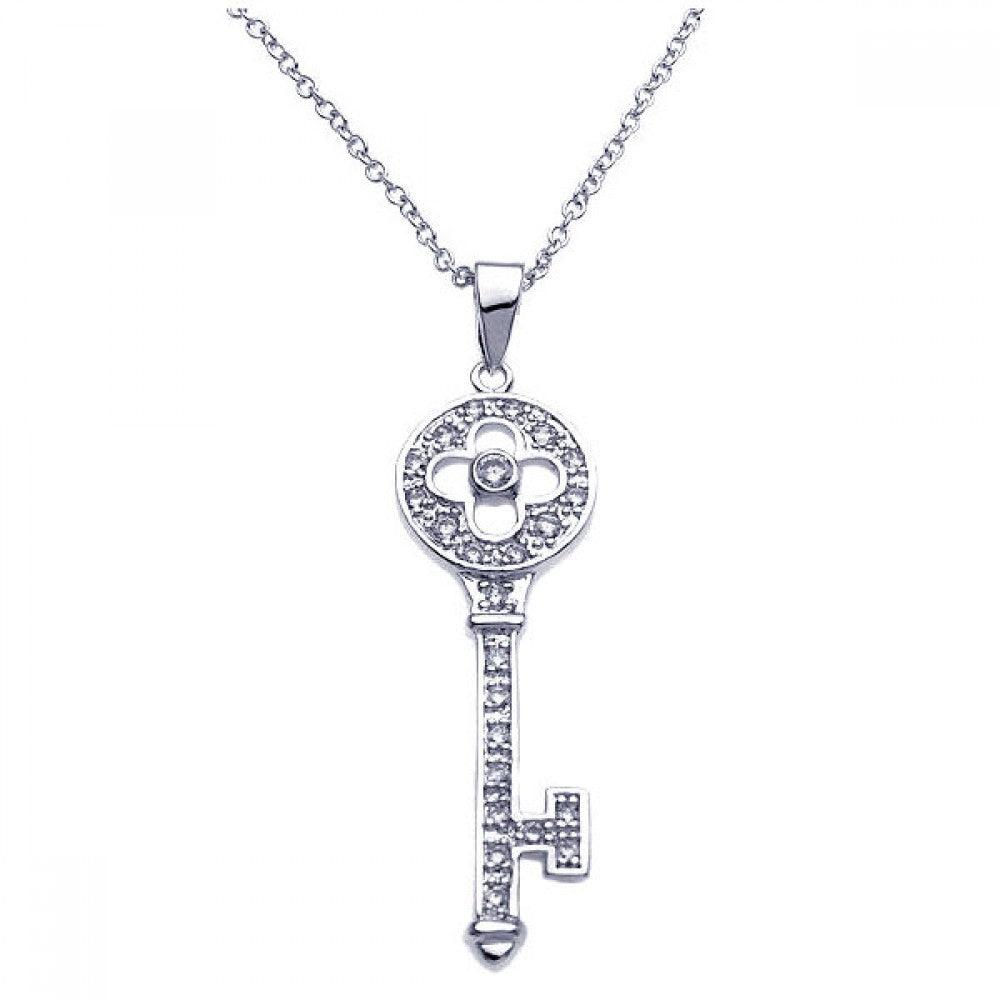 Silver 925 Rhodium Plated Key CZ Inlay Necklace - BGP00246 | Silver Palace Inc.