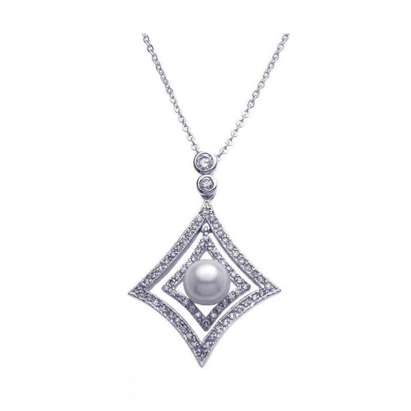 Closeout-Silver 925 Rhodium Plated Open Square CZ Center Pearl Necklace - BGP00254 | Silver Palace Inc.