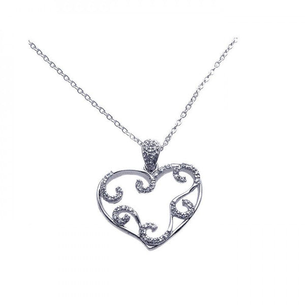 Silver 925 Rhodium Plated Open Heart Filigree CZ Necklace - BGP00255 | Silver Palace Inc.