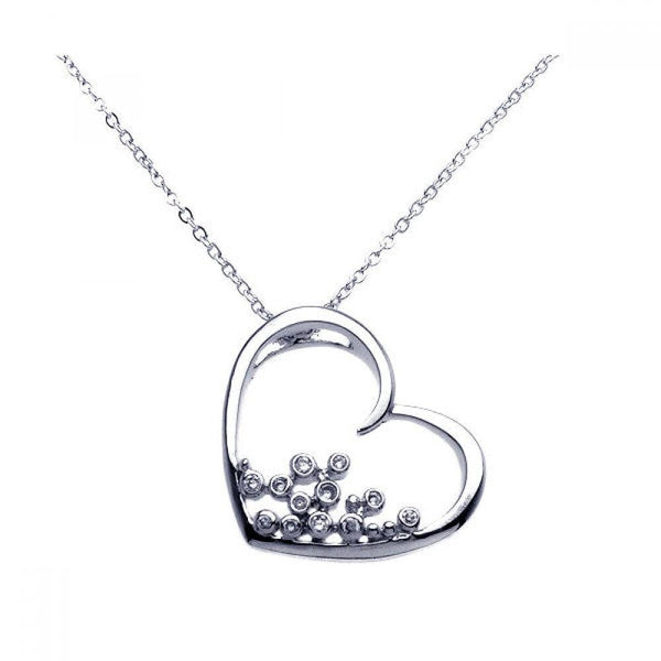 Silver 925 Rhodium Plated Open Heart Round Filigree CZ Necklace - BGP00256 | Silver Palace Inc.