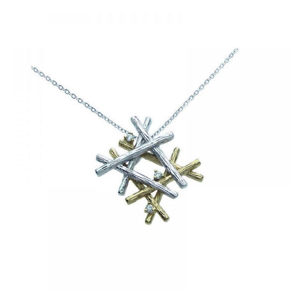 Silver 925 Rhodium Four Toned Multiple Wooden Stick Round CZ Necklace - BGP00258 | Silver Palace Inc.