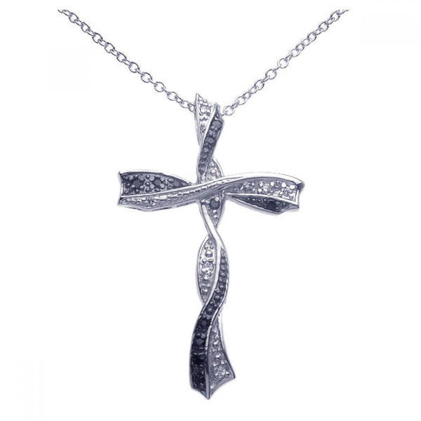 Closeout-Silver 925 Black and Clear Rhodium Plated Twisted Cross CZ Necklace - BGP00261 | Silver Palace Inc.