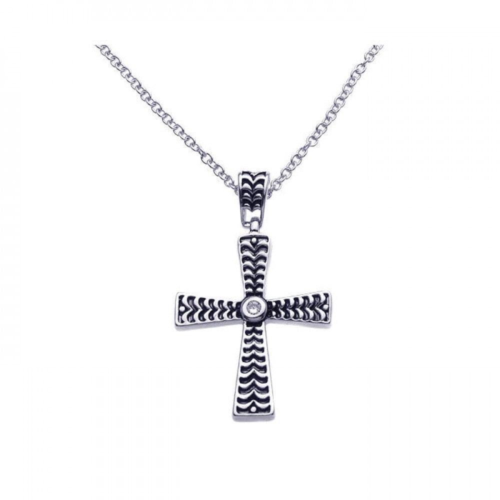 Silver 925 Black and Rhodium Cross CZ Necklace BGP00262 Silver