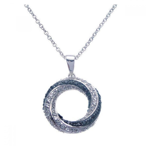 Silver 925 Rhodium Open Circle Black and Clear CZ Necklace - BGP00265 | Silver Palace Inc.