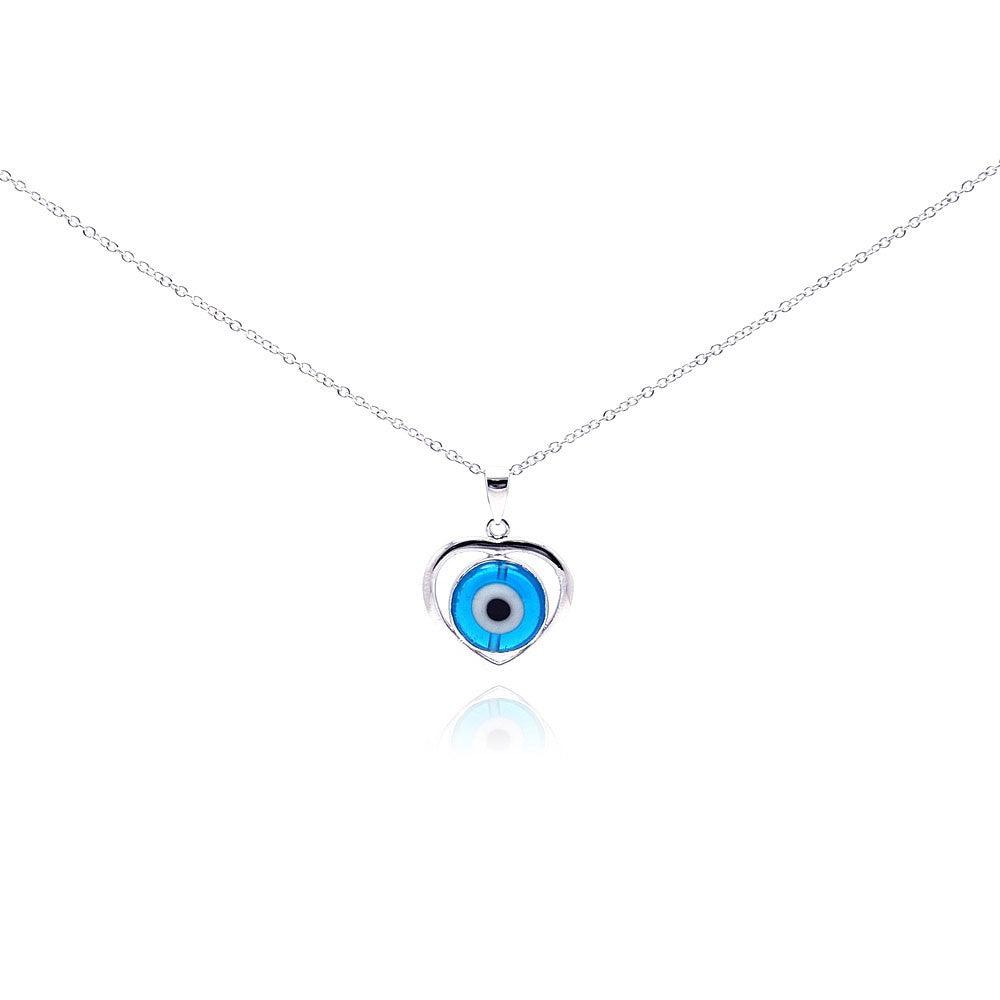 Silver 925 Rhodium Plated Open Heart Evil Eye CZ Necklace - BGP00270 | Silver Palace Inc.