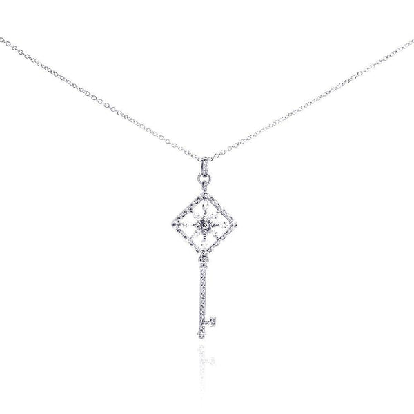 Silver 925 Rhodium Plated Square Open Key Filigree CZ Necklace - BGP00273 | Silver Palace Inc.