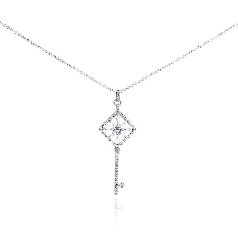 Silver 925 Rhodium Plated Square Open Key Filigree CZ Necklace - BGP00273 | Silver Palace Inc.