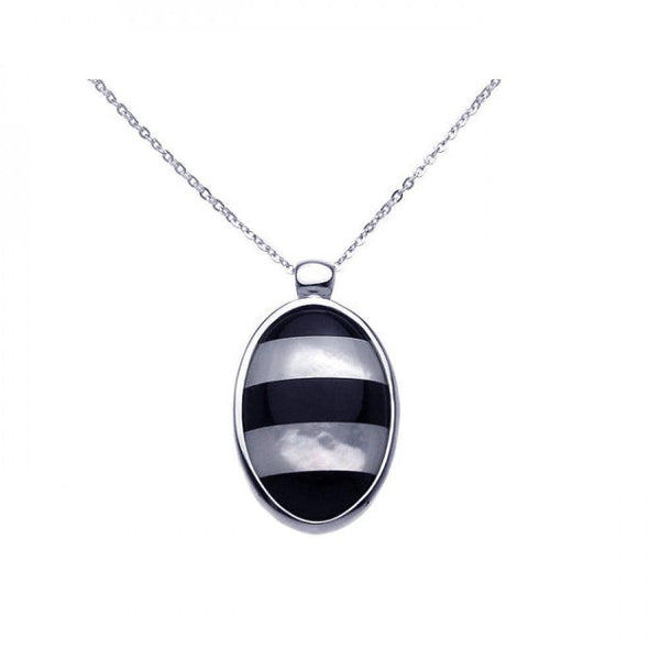 Closeout-Silver 925 Rhodium Plated Mother of Pearl Onyx Oval CZ Necklace - BGP00278 | Silver Palace Inc.