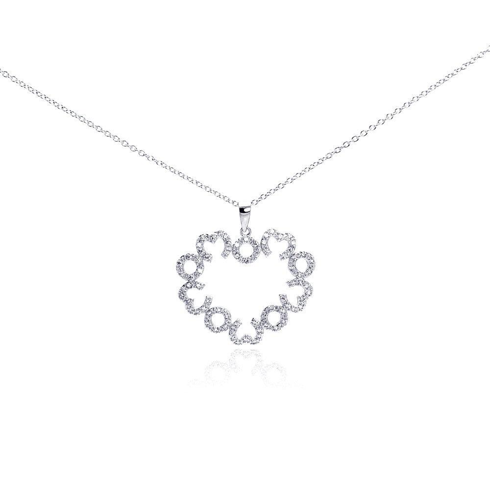 Silver 925 Rhodium Plated Open Big Heart Small Heart CZ Necklace - BGP00288 | Silver Palace Inc.