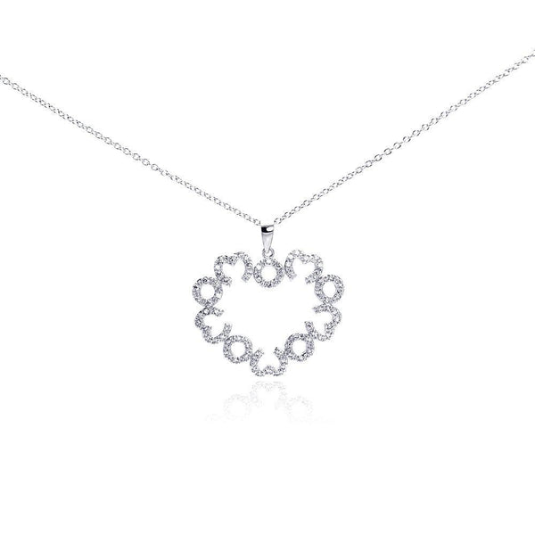 Silver 925 Rhodium Plated Open Big Heart Small Heart CZ Necklace - BGP00288 | Silver Palace Inc.