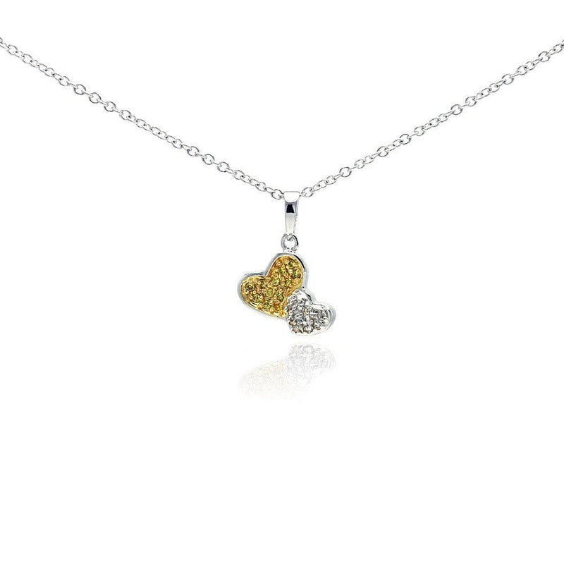 Silver 925 Gold and Rhodium Plated Two Toned Heart CZ Dangling Necklace - BGP00296 | Silver Palace Inc.