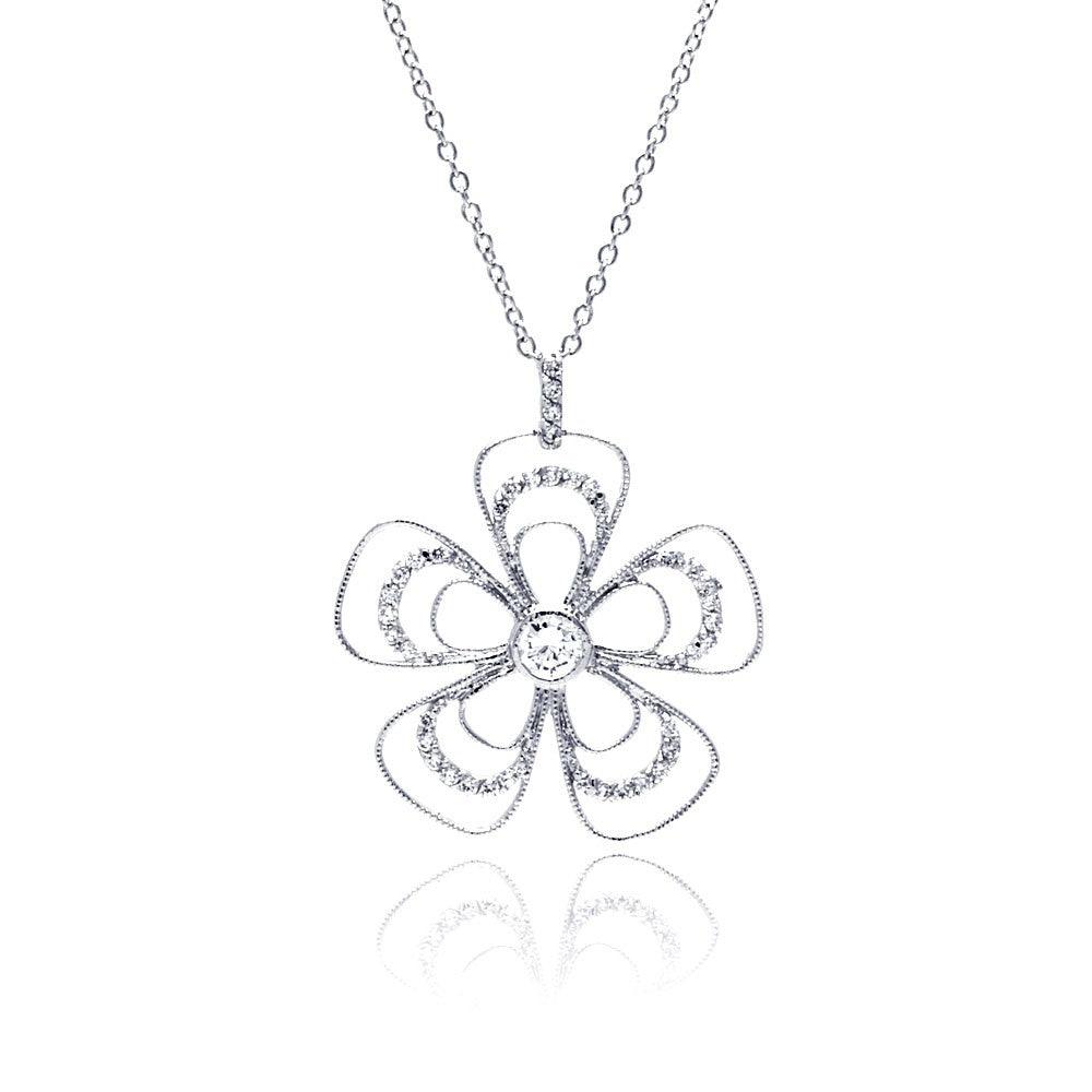 Closeout-Silver 925 Rhodium Plated Open Flower CZ Necklace - BGP00321 | Silver Palace Inc.