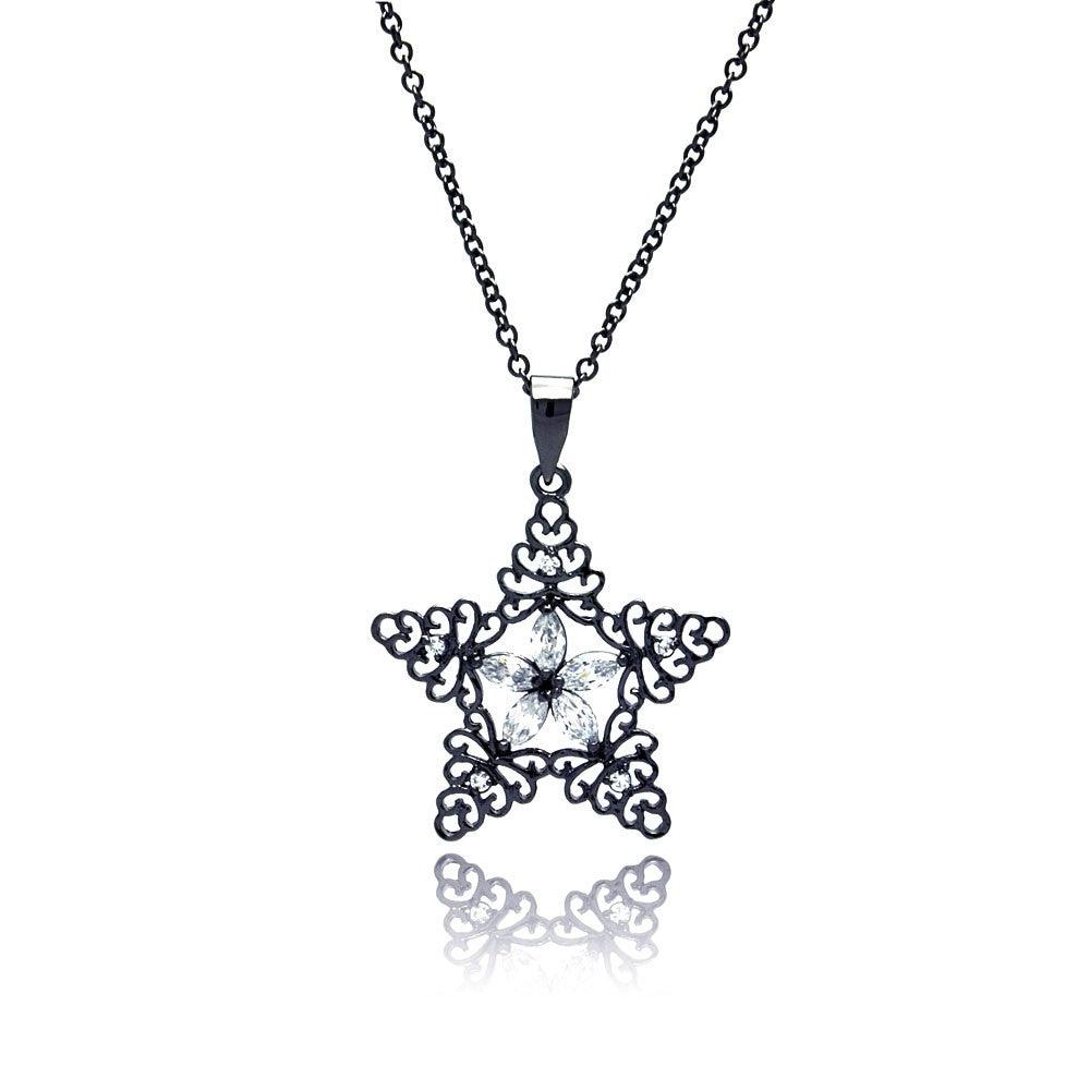 Silver 925 Black Rhodium Plated Star CZ Necklace - BGP00322 | Silver Palace Inc.