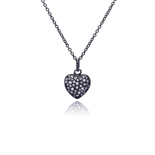 Silver 925 Black Rhodium Plated Heart CZ Necklace - BGP00371 | Silver Palace Inc.