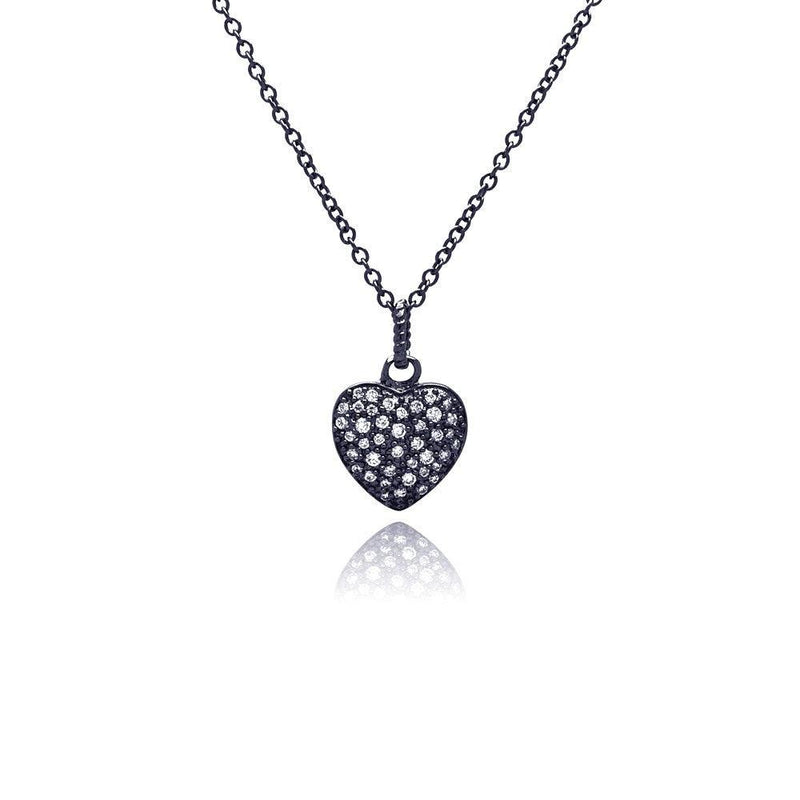 Silver 925 Black Rhodium Plated Heart CZ Necklace - BGP00371 | Silver Palace Inc.