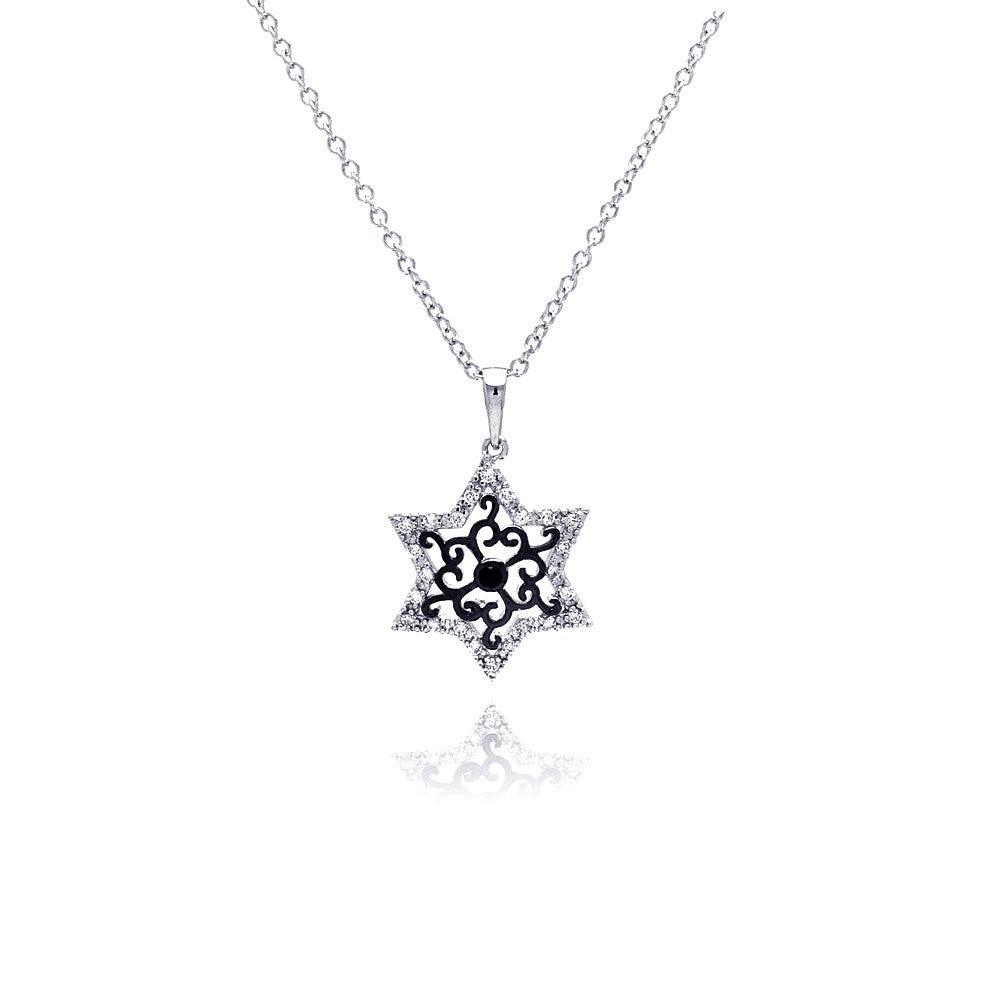 Silver 925 Rhodium Plated Open Star Black Filigree CZ Necklace - BGP00373 | Silver Palace Inc.