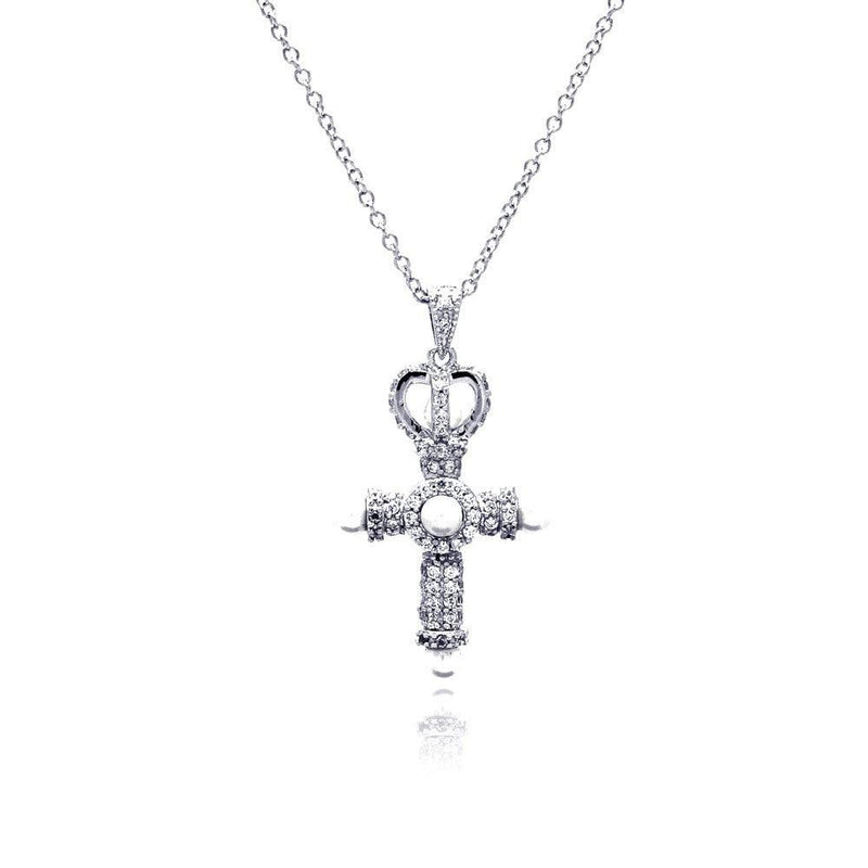 Silver 925 Rhodium Plated Cross Crown CZ Center Pearl Necklace - BGP00377 | Silver Palace Inc.