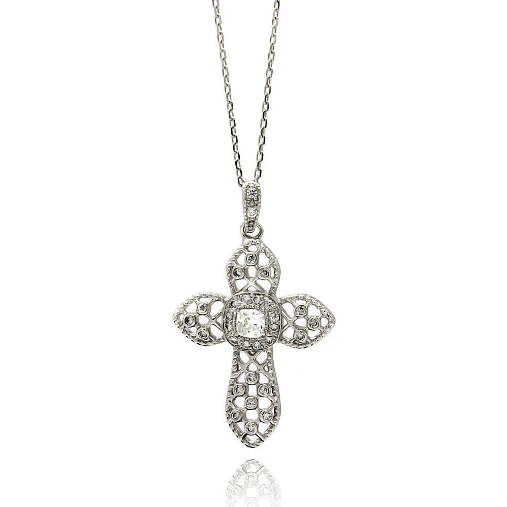 Silver 925 Rhodium Plated Net Cross CZ Necklace - BGP00431 | Silver Palace Inc.