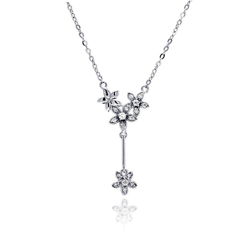 Silver 925 Rhodium Plated Flower CZ Dangling Necklace - BGP00469 | Silver Palace Inc.