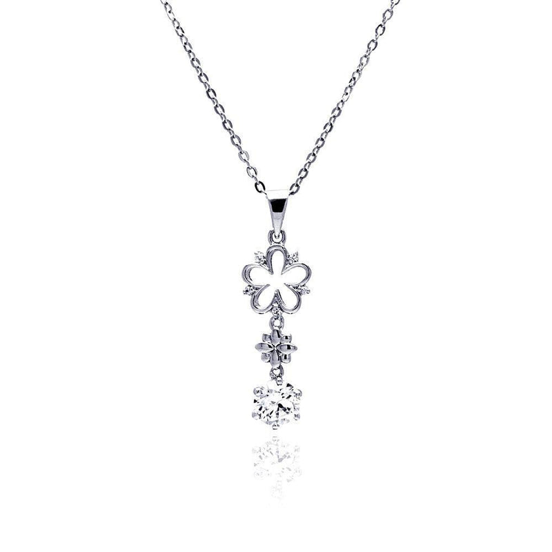 Silver 925 Rhodium Plated Open Flower CZ Hanging Necklace - BGP00476 | Silver Palace Inc.