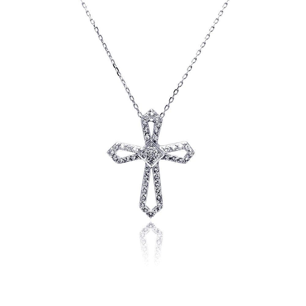 Silver 925 Rhodium Open Cross CZ Necklace - BGP00478 | Silver Palace Inc.