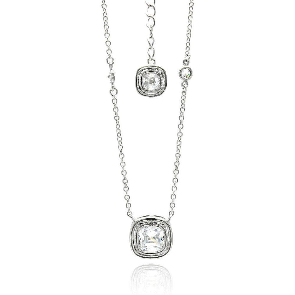 Silver 925 Rhodium Plated Double Square CZ Necklace - BGP00494 | Silver Palace Inc.
