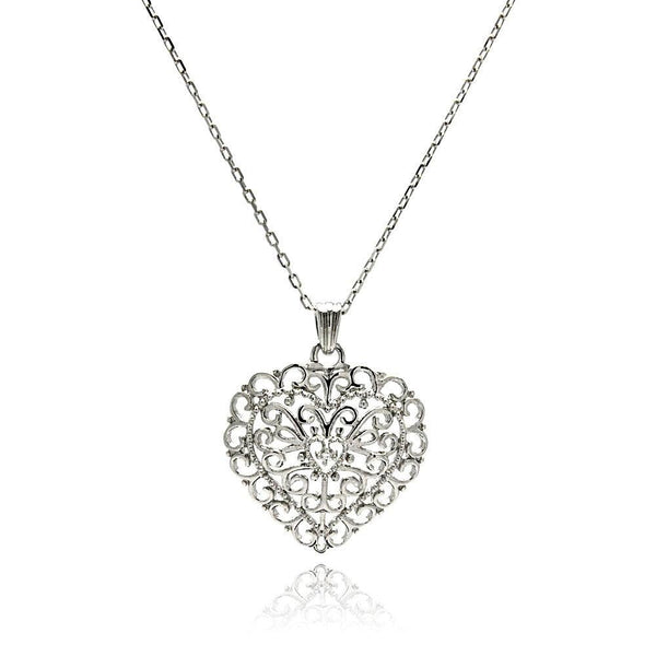 Silver 925 Rhodium Plated Wave Open Heart CZ Necklace - BGP00509 | Silver Palace Inc.