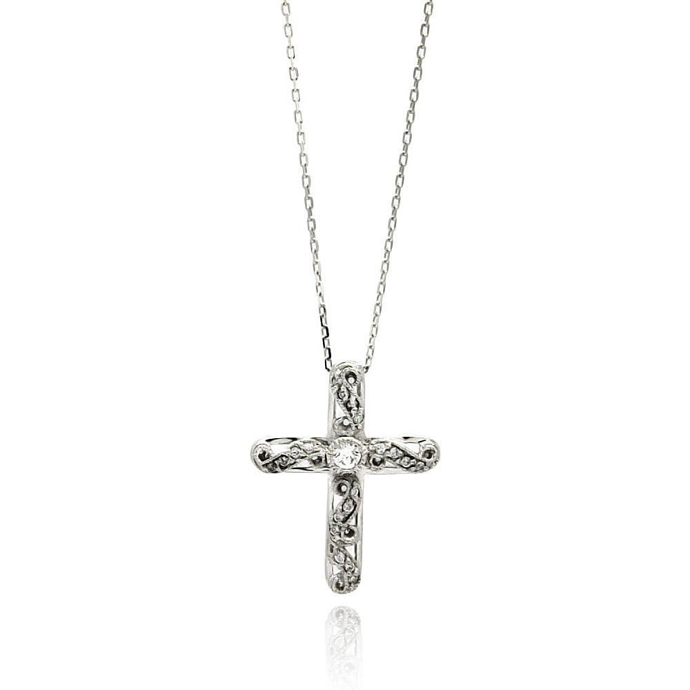 Silver 925 Rhodium Plated Wave Cross CZ Necklace - BGP00523 | Silver Palace Inc.