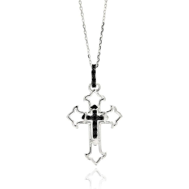 Silver 925 Rhodium Plated Open Cross Black and Clear CZ Necklace - BGP00547 | Silver Palace Inc.