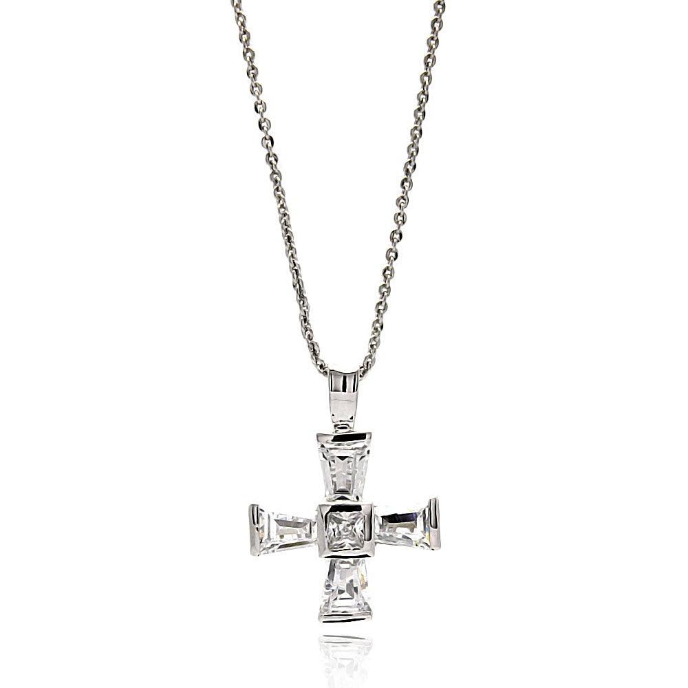 Silver 925 Rhodium Plated Cross Baguette CZ Necklace - BGP00572 | Silver Palace Inc.