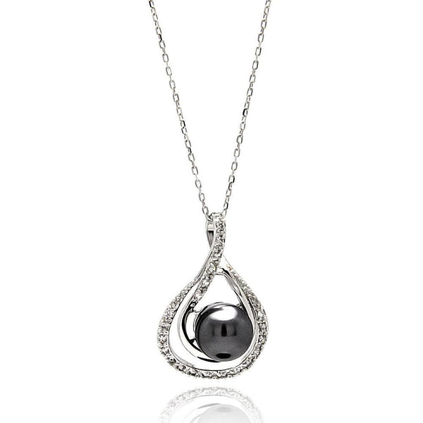 Silver 925 Rhodium Plated Double Open Teardrop CZ Black Center Pearl Necklace - BGP00574 | Silver Palace Inc.