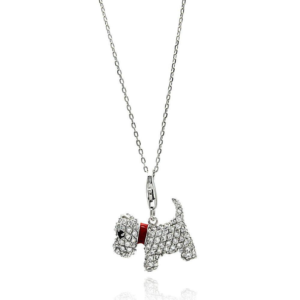 Silver 925 Rhodium Plated Dog CZ Red Enamel Leash Necklace BGP00585 Silver Palace Inc