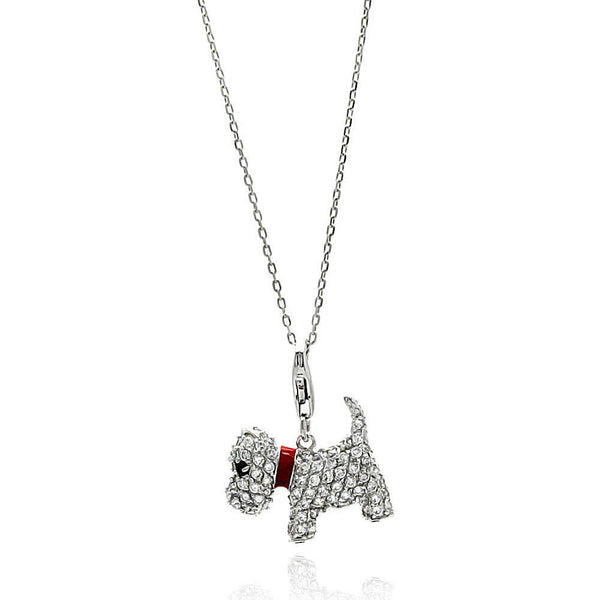 Silver 925 Rhodium Plated Dog CZ Red Enamel Leash Necklace - BGP00585 | Silver Palace Inc.