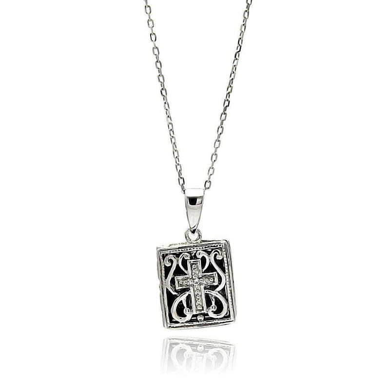 Silver 925 Rhodium Plated Square Inner Cross Black Filigree CZ Necklace - BGP00588 | Silver Palace Inc.