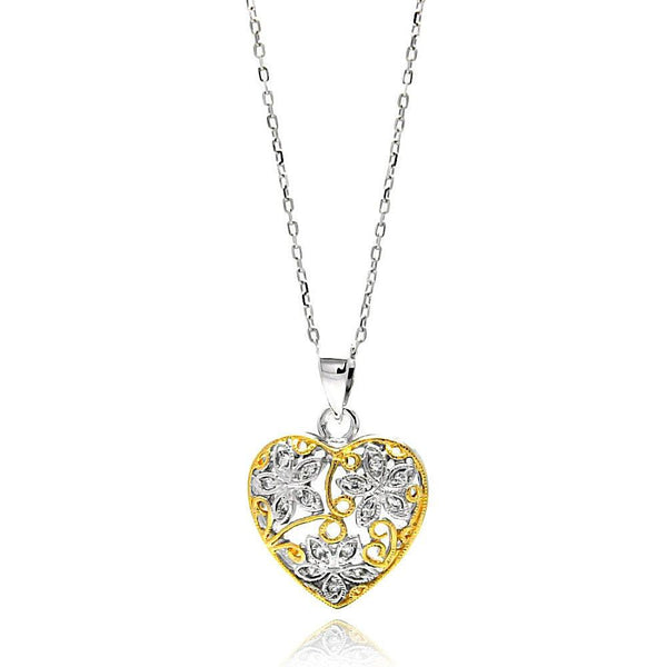 Silver 925 Gold and Rhodium Plated Two Toned Heart Filigree CZ Necklace - BGP00591 | Silver Palace Inc.