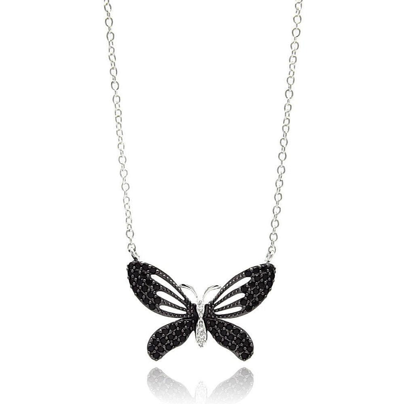 Silver 925 Rhodium Plated Black Open Butterfly CZ Necklace - BGP00597 | Silver Palace Inc.