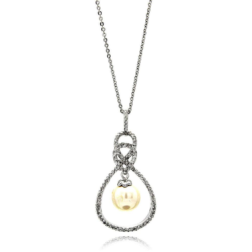 Silver 925 Rhodium Plated Open Teardrop CZ Center Pearl Necklace - BGP00600 | Silver Palace Inc.