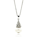 Silver 925 Rhodium Plated Multiple Tiny Leafs CZ Hanging Pearl Necklace - BGP00601 | Silver Palace Inc.