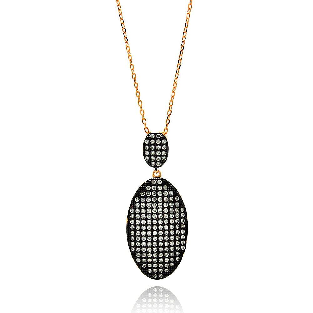 Closeout-Silver 925 Rose Gold and Black Plated Graduated Oval Black and Clear CZ Necklace - BGP00607 | Silver Palace Inc.
