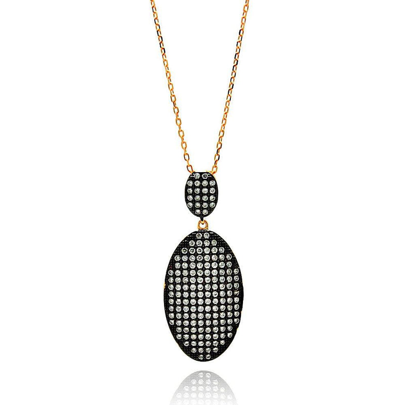 Closeout-Silver 925 Rose Gold and Black Plated Graduated Oval Black and Clear CZ Necklace - BGP00607 | Silver Palace Inc.