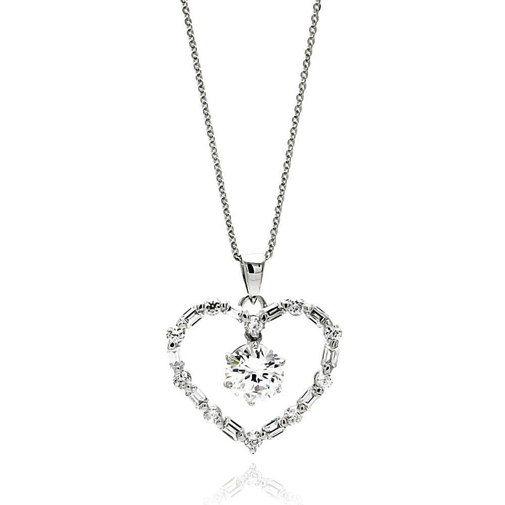 Silver 925 Rhodium Plated Open Heart Center CZ Necklace - BGP00608 | Silver Palace Inc.