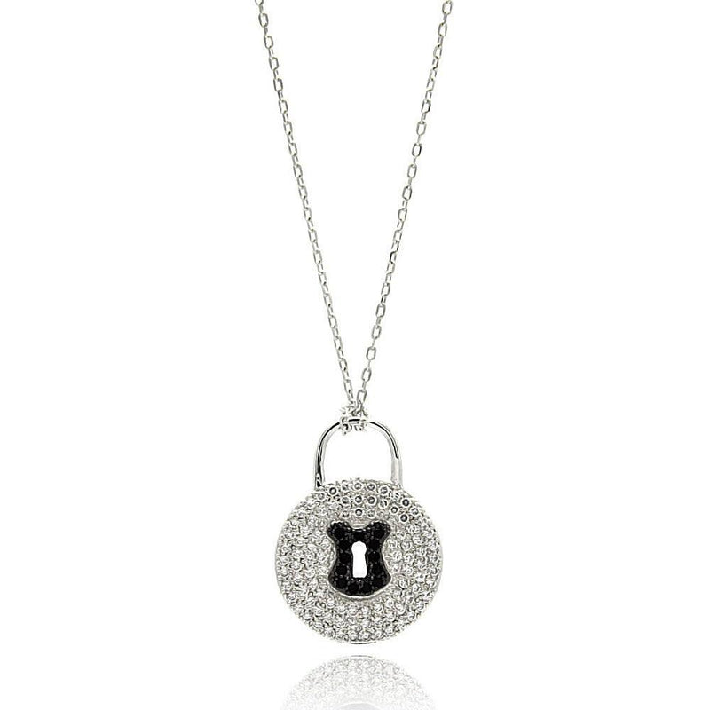 Silver 925 Rhodium Plated Black and Clear CZ Key Lock Necklace - BGP00616 | Silver Palace Inc.