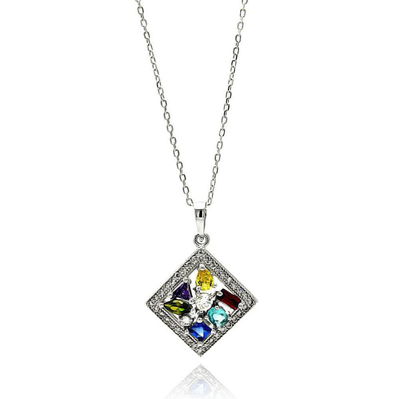 Silver 925 Rhodium Plated Multicolor Square CZ Necklace - BGP00619 | Silver Palace Inc.
