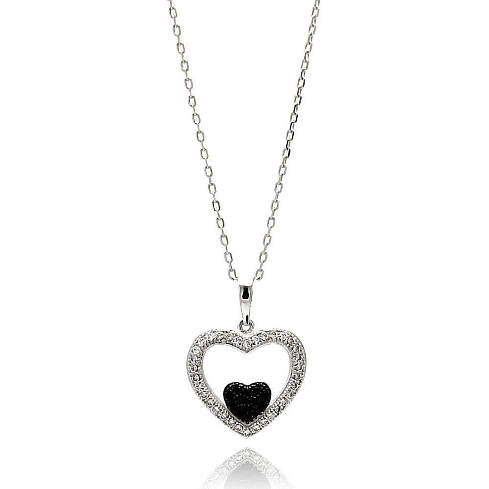 Silver 925 Rhodium Plated Open Heart Black and Clear CZ Necklace - BGP00626 | Silver Palace Inc.
