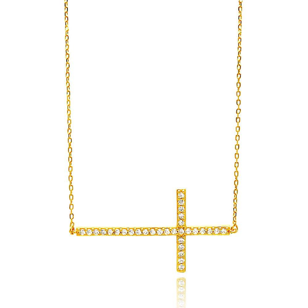 Silver 925 Gold Plated Sideways Cross Clear CZ Necklace - BGP00676 | Silver Palace Inc.