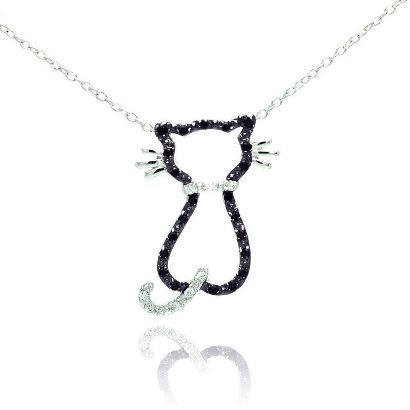 Silver 925 Rhodium Plated Open Cat Black and Clear CZ Necklace - BGP00678 | Silver Palace Inc.